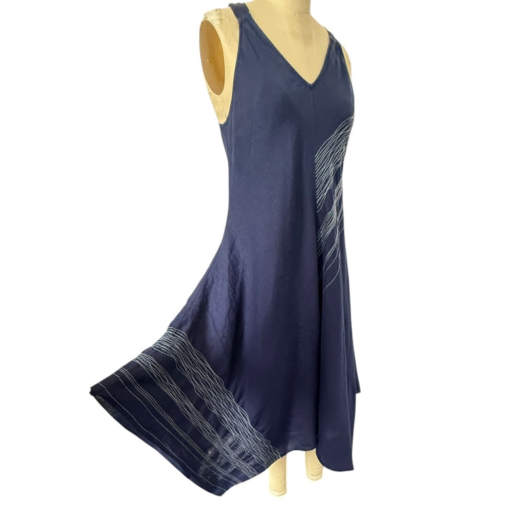 Eileen Fisher Irish Linen Dress Size M Navy Stitched Handkerchief Hem V Neck - Picture 9 of 13